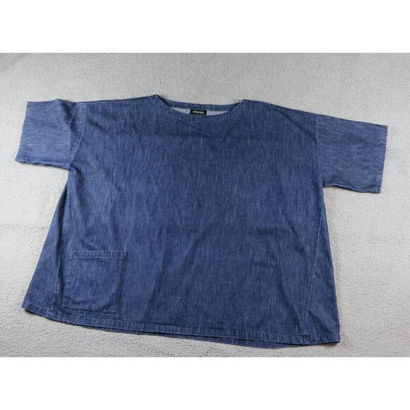 Eskandar 1 Top Blue Denim One Pocket Short Sleeve Cotton Boat Neck Tunic Poland - Picture 2 of 13